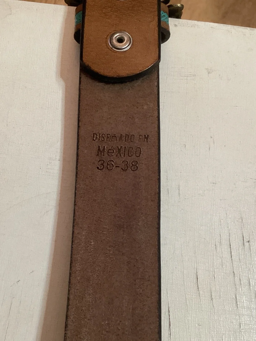 Turquoise Tooled Leather Belt with Decorative Buckle - size 36-38